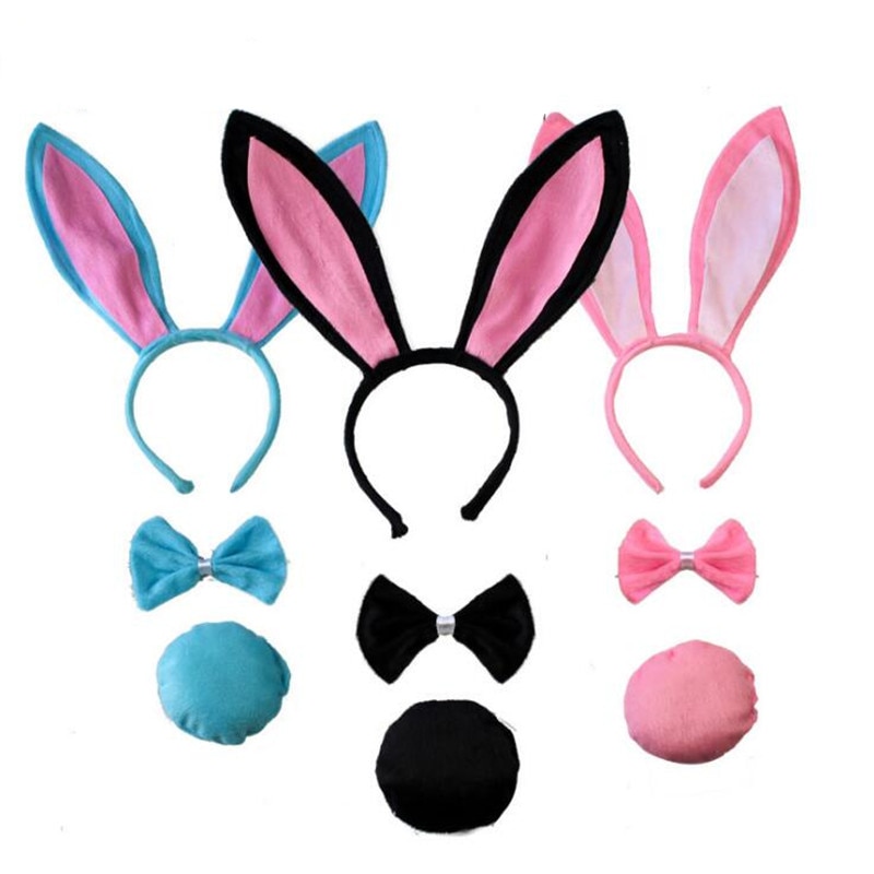 Kids Boy Girl Long Bunny Ears Headband Bow Tie Tail Cosplay Costume Set Birthday Party Performance Props Halloween Christmas