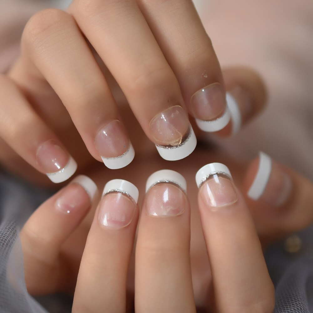 Kids White French Nails Silver Smile Line Decorative Nail Art Tips Girl False Nails Small Size Student's