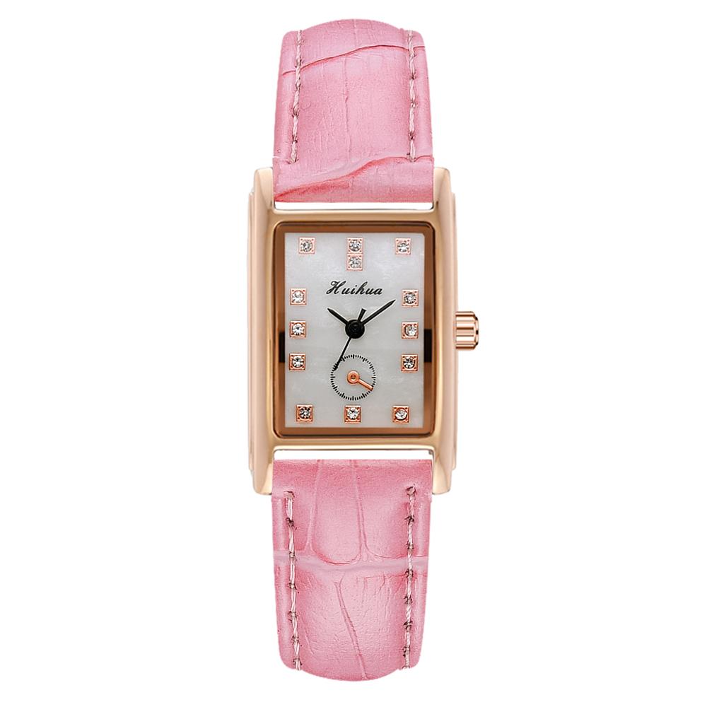 Ure kvinder firkantede rosa guld armbåndsure rødt læder mærke ure kvindelige damer quartz ur montre femme: Lyserød