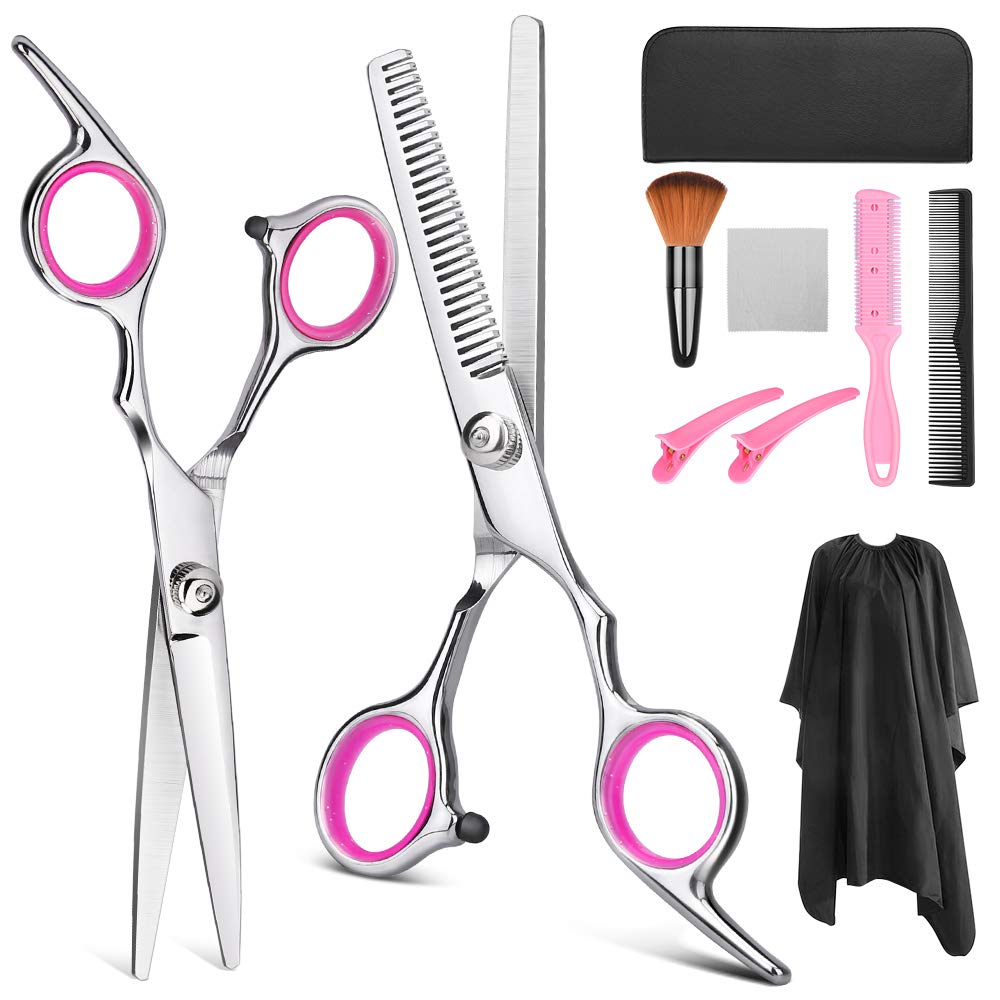YBLNTEK 9 PCS Hairdressing Scissors Hair Scissors Kit Hair Cutting Scissors Tail Comb Hair Cape Hair Cutter Comb: 9 PCS Pink