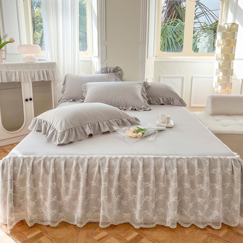 Kanten bedrok en kussensloop, bedomslag, bedsprei, laken, antislip, beschermend, beige, prinses, 3 stuks: 200x220cm / Light Grey