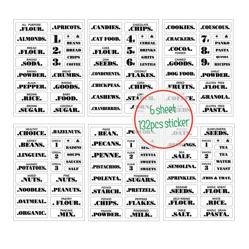 132pcs/144pcs Kitchen Jars Bottle Container Label Various Shapes Food Label Clear Stickers Can Storgae Box Item Mark 6/8 Sheets