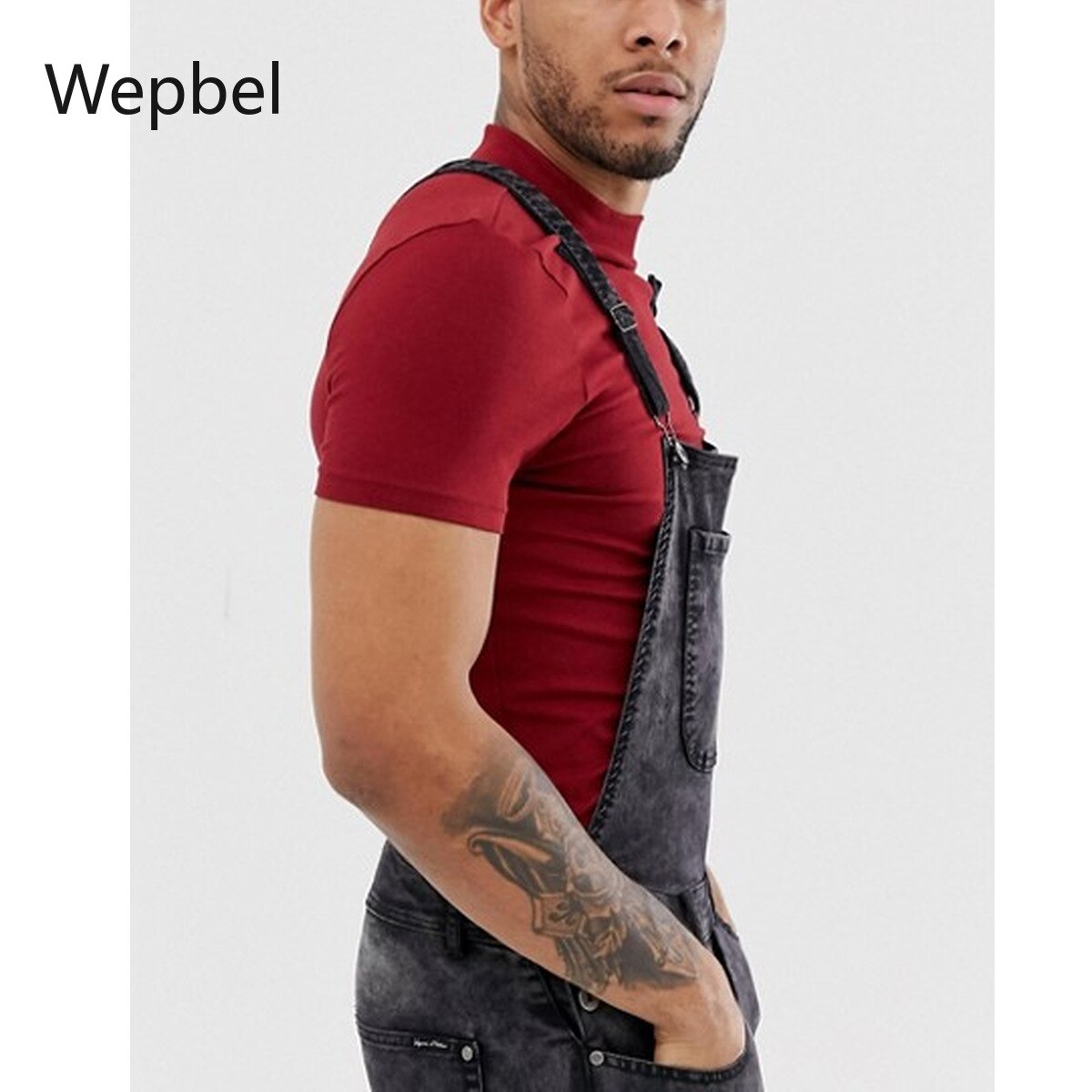 WEPBEL Men Jeans Pants Plus Size Solid Color Denim Overalls Grey Denim Jumpsuits Strap Rompers Ripped Jeans Trousers