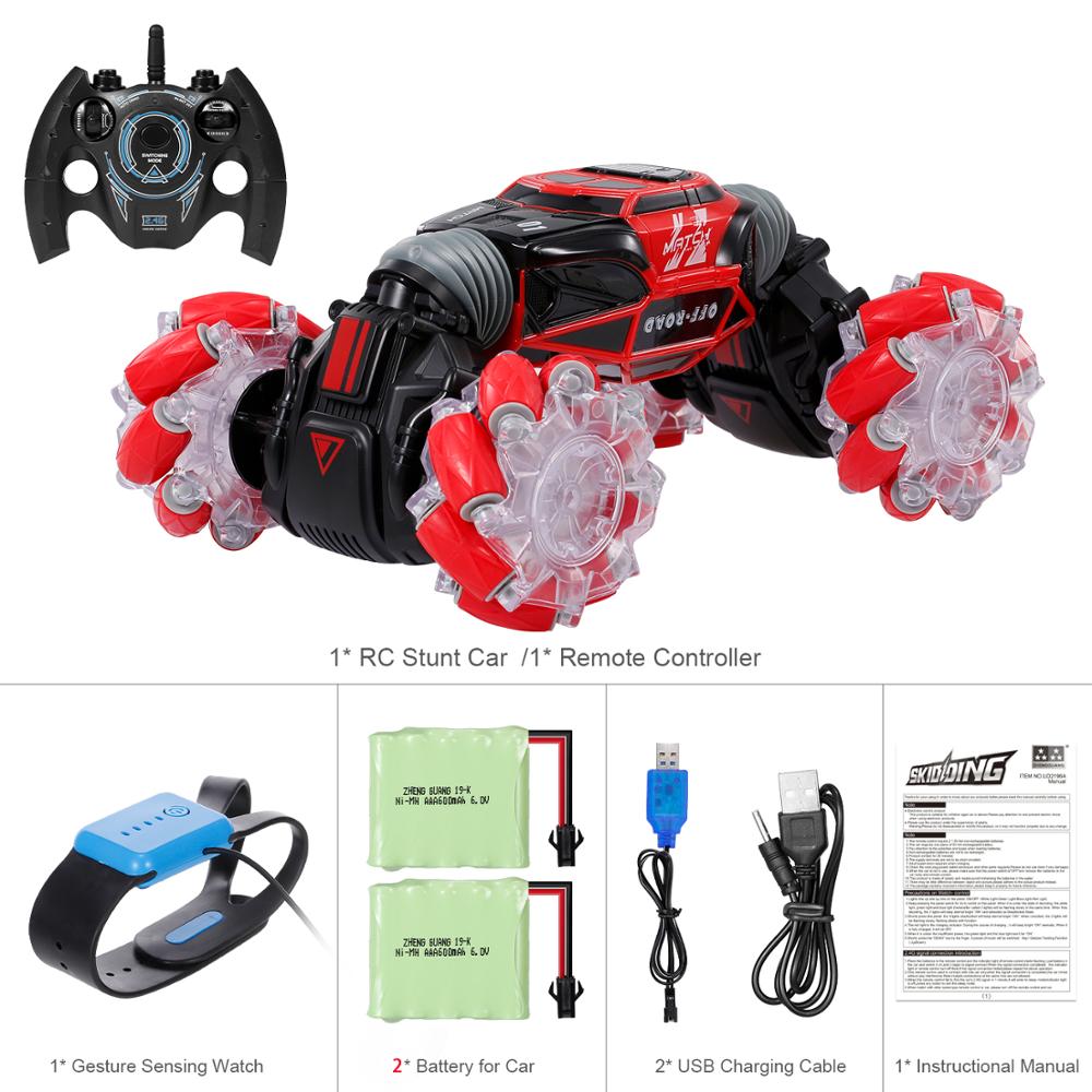RC Stunt Car 4WD Watch Gesture Sensor Control Deformable Electric Car All-Terrain Transformable Car Auto-demo for Kids: Red 2 Batteries
