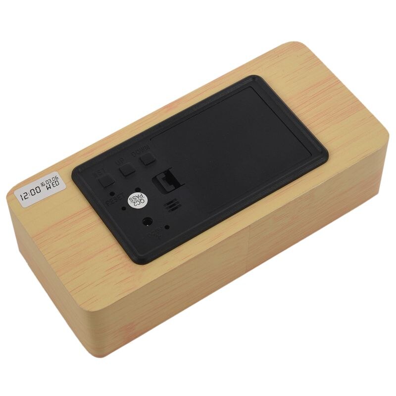 Led-wekker, houten led-digitale wekker, geeft tijd, datum, week en temperatuur weer, vierkant houten bureau met geluidsregeling