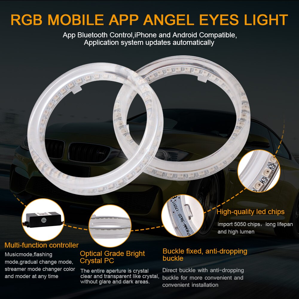 2 luces LED RGB de 80mm, 95mm, 5050, luces LED de colores con Ojos de Ángel, Control por aplicación Bluetooth, anillo Halo, intermitente automático para coche, faro delantero