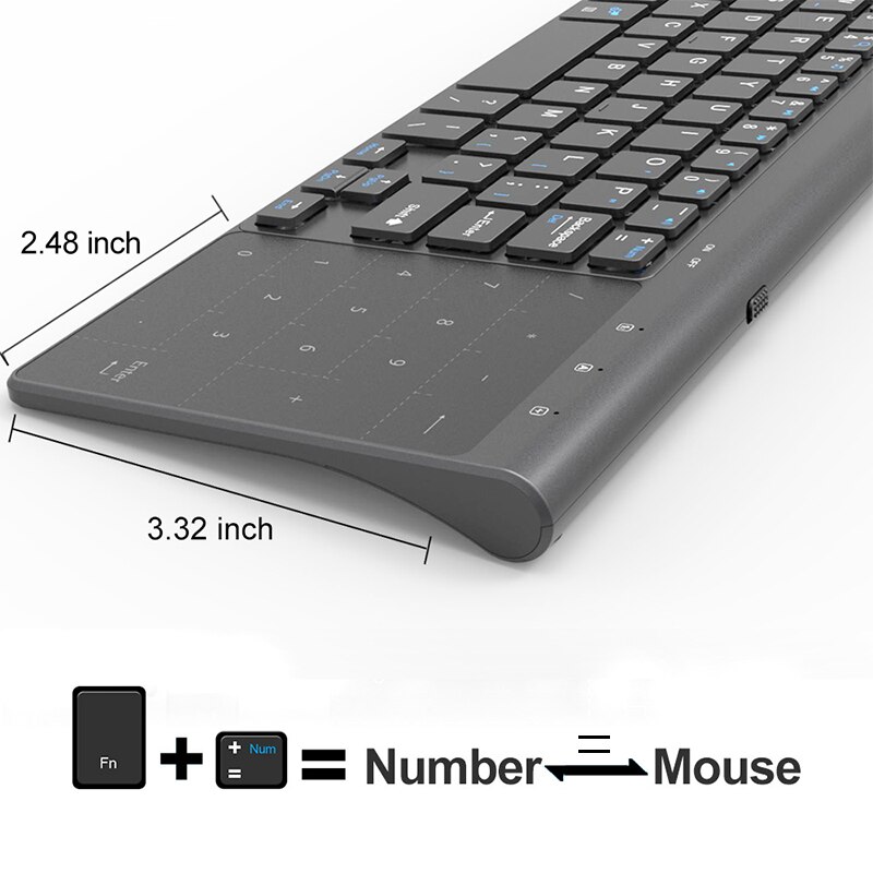 Wireless Keyboard with Touchpad, WisFox 2.4G Slim Ergonomic Wireless Keyboard with Easy Media Control and Built-in Touch Pad PC
