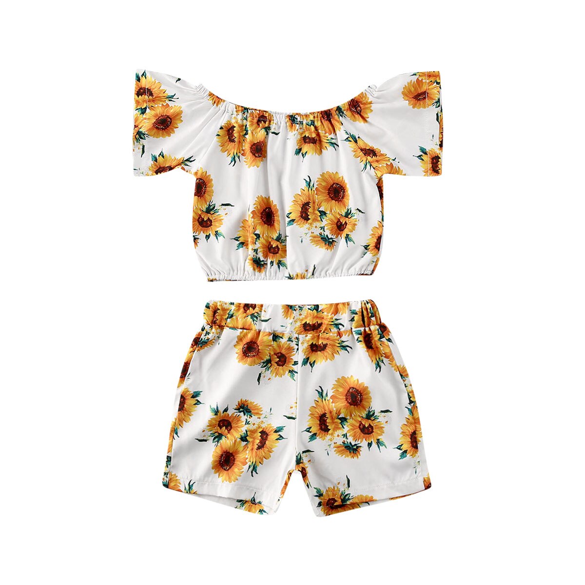 Ensemble deux pièces pour petites filles | Haut manches courtes, shorts, tenue d'été, motif floral: Beige / 4T