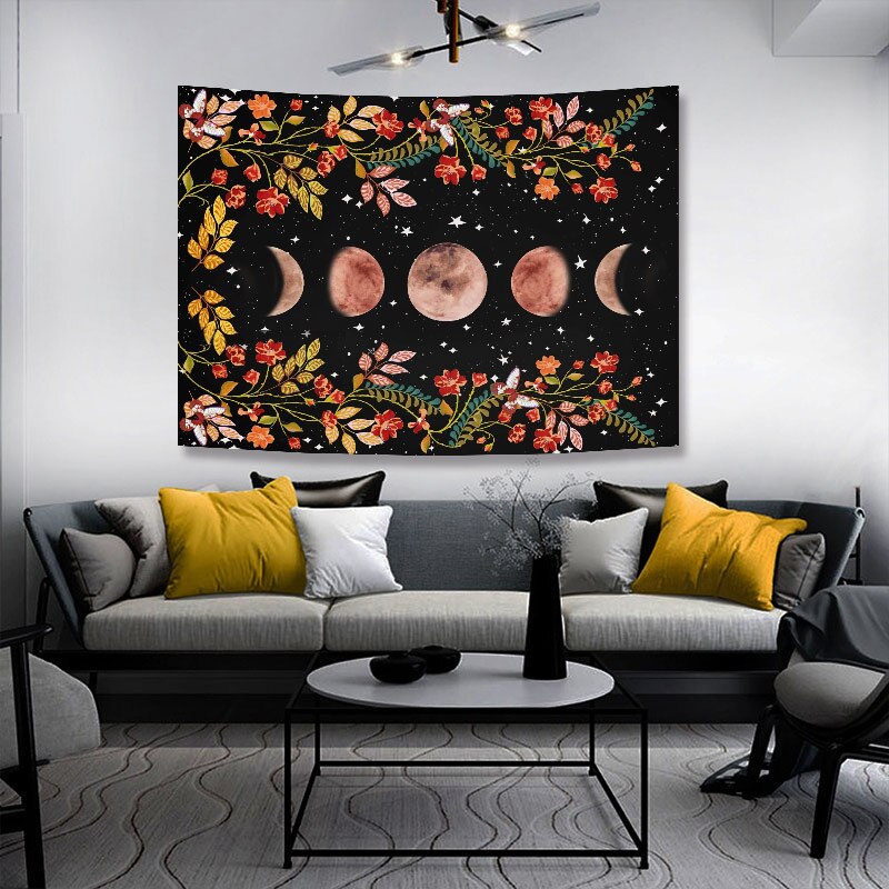 Large Size Moonlight Garden Tapestry Moon Phase Surrounded By Plants and Flowers Wall Hanging Blanket Room Decor Yoga Mat
