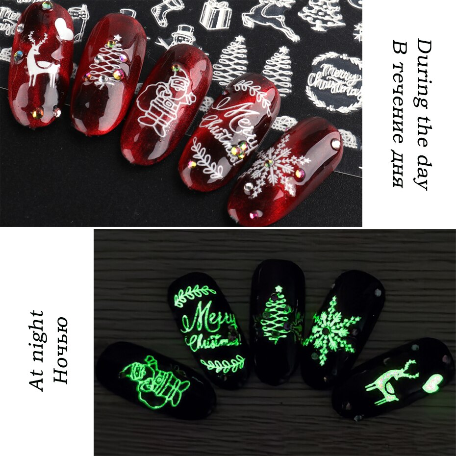 1Pcs 3D Lichtgevende Nail Stickers Kerstmissneeuwman Kerstman Elk Glow In The Dark Slider Voor Manicure Winter Decoratie JISTZY001-009