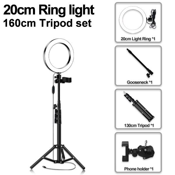 Anello di Luce LED 16/20/26 centimetri 5600K 64 LED Selfie Anello Lampada Fotografica di Illuminazione Con Il Treppiedi supporto del telefono USB Spina Photo Studio: 20cm type 160cm