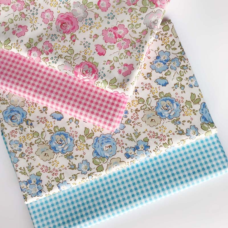 160cm*50cm bomuldsklud pink blå rose blomster blomster ternet stof til gør-det-selv børn sengetøj tøj kjole håndarbejde dekoration