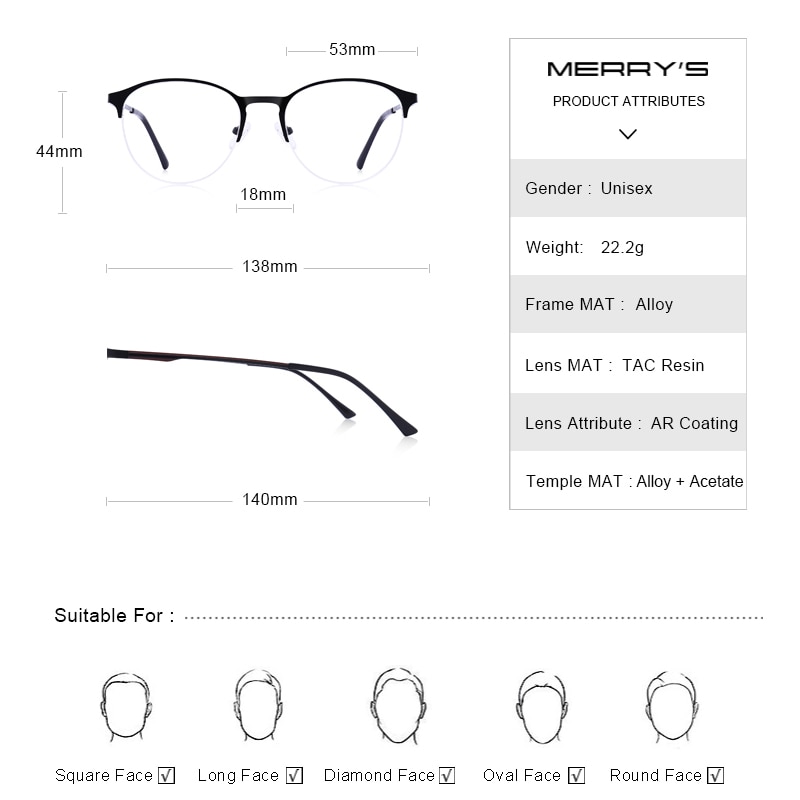 MERRYS-gafas con montura Ovalada para hombre y mujer, lentes de Unisex, con prescripción para miopía, Media óptica, S2042