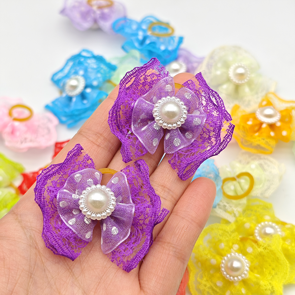 100 piezas de lazos para el cabello de encaje de doble capa para perros pequeños, pinzas para el cabello para el cuidado de mascotas, accesorios para el cabello para cachorros con banda de goma: Oro