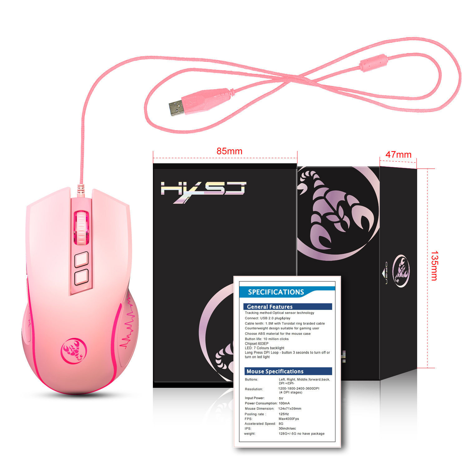 Laptop Notebook PC Mice 7Keys 3600DPI Optical Wired Gaming Mouse: Pink