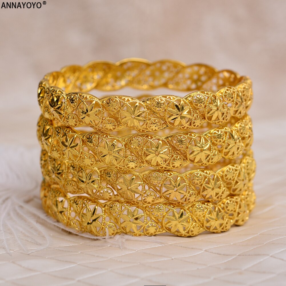 ANNAYOYO 1 stuks/partij, Ethiopische Goud Kleur Wedding Bangle voor Vrouwen Dubai Bruid Armband Afrikaanse Sieraden Midden-oosten Items