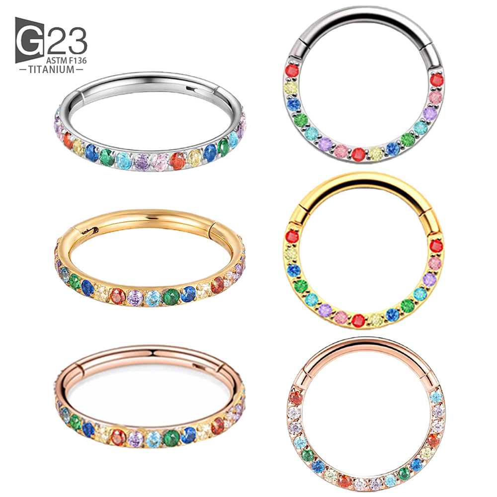 100% G23 anillo de titanio para la nariz para mujer pequeño tabique Nasal cartílago aro pendiente Piercing 16 gramos frontal Lnlaid Rainbow CZ bisagra
