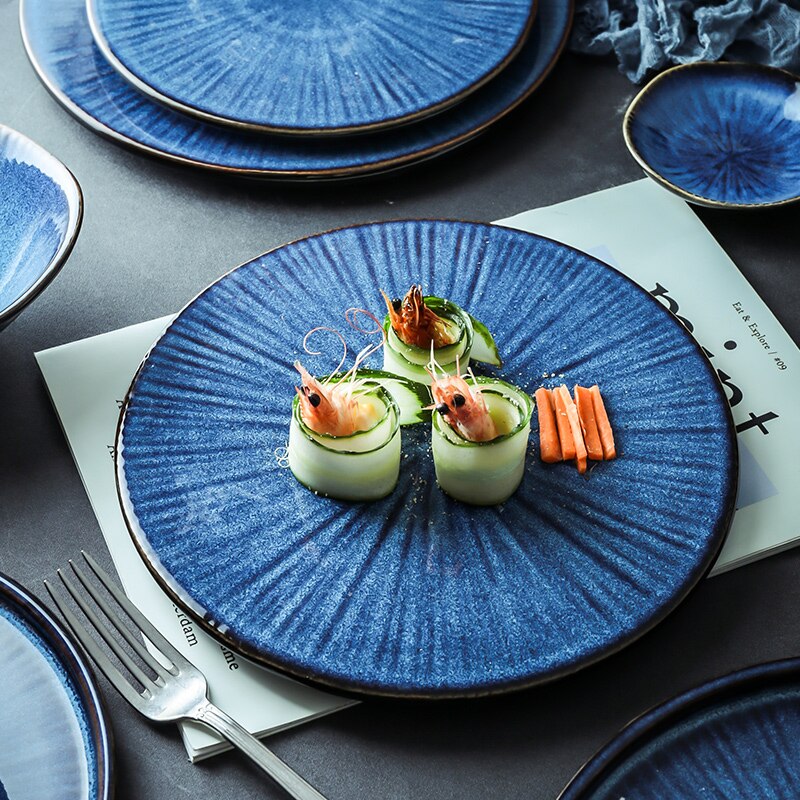 Kinglang klin glasur blå farve keramisk bordservice flad plade bøf kage fad plade