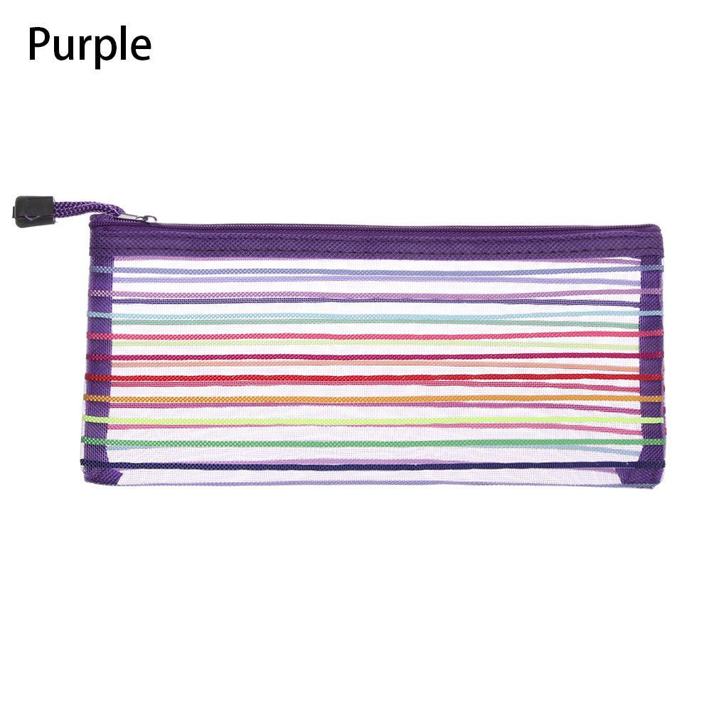 Effen Kleur Nylon Rits Etui Mesh Pen Zak Cosmetische Opslag Transparante Raster Handtassen Portemonnee Mode: purple