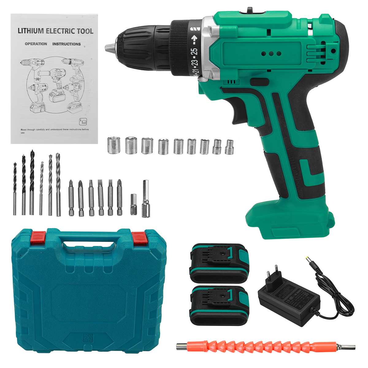 48V Cordless Electric Drill Screwdriver 2 Speed Wireless Power Driver Tools Set with Drill Accessories Box 2 x 6000MAH Battery: Kit 2xBattery / us