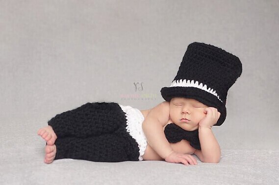 Spedizione gratuita, baby black top-hat , baby boys Gentleman Crochet cappelli, papillon e set di pantaloni, neonato foto Prop dimensioni: 0-1m,3-4m