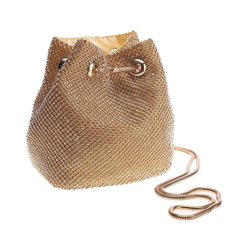 Glänsande strass hink väska kvinnliga mini kors body kedja axelväskor bankett kväll väska ins totes väskor
