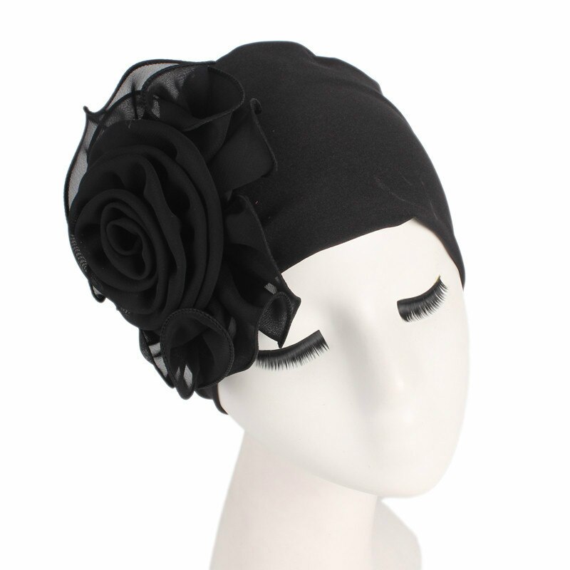 Vrouw Mooie Bloem Tulband Elastische Doek Hoofd Cap Hoed Moslim Vrouwen Hijaabs Dames Haar Accessoires Sjaal Cap: Black