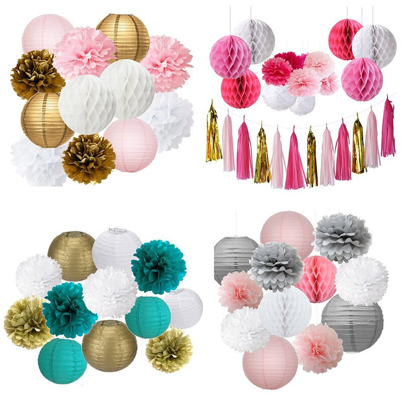 12pcs/set Mixed Paper Lantern Paper Honeycomb Ball Hanging Paper Pom PomsWedding Birthday Decor DIY Baby Shows Party Supplies