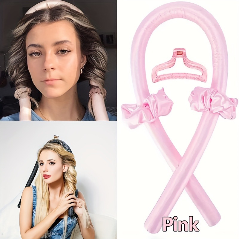 Haste de ondulação sem calor para cachos de seda durante a noite, rolos de cabelo reutilizáveis, fita macia, ferramentas de estilo preguiçoso, acessórios de cuidados com o cabelo: Rosa