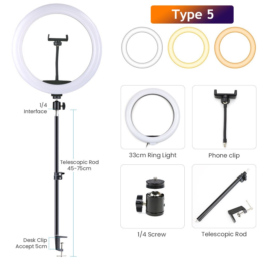 LED Ring Light - Dimmable Selfie Lamp with Stretchable Phone Holder Clip for Live Photo Studio: Type 5