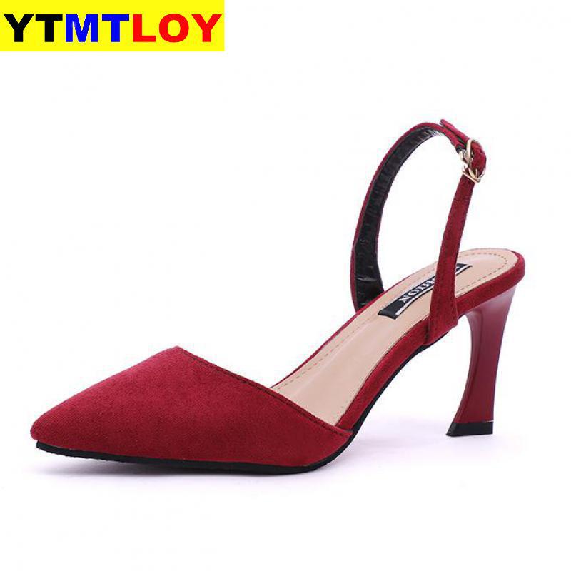 Sko kvinde spring 6cm tynde høje hæle slingbacks kvindelige spidse tå solid flock damesko kontor dame sandaler: Rød / 34