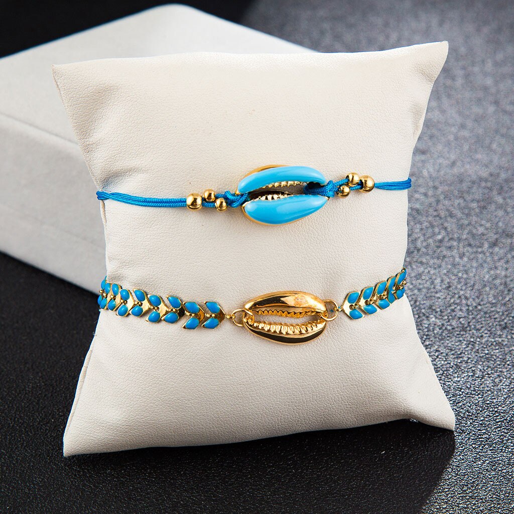 Bohemian Beaded Ankle Bracelets Set Multilayer Sea Shell Charm Knitted Blue Theme Bracelets Women Anklet Foot Jewelry