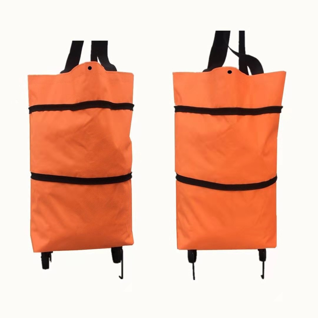Collapsible Supermarket Bag, Cute Cartoon Sopping Bag + with Wheels Tote Food Market Cart Supermarket Trolley Bag: Orange