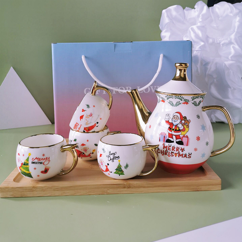 Weihnachten Serie Tee-einstellen Keramik Teekanne Wasser Tasse einstellen mit Tablett Santa Claus Tee-einstellen Tee Tasse einstellen Wohnzimmer haushalt Getränk