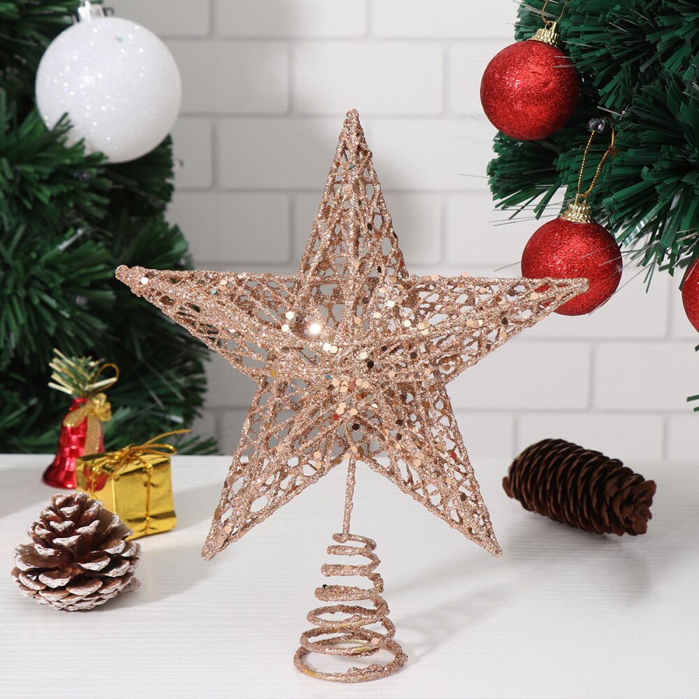 Amosfun 20cm Christmas Tree Iron Star Topper Glittering Christmas Tree Decoration Ornaments (Rose Gold)