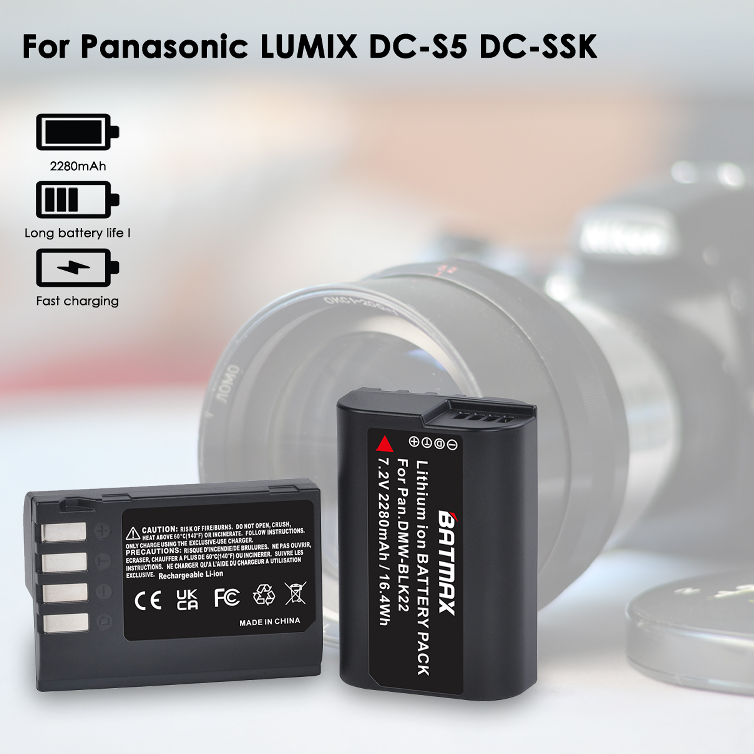 Batmax-batería recargable para cámara Panasonic LUMIX DMW-BLK22 GH5, 7,2 V, 2280mAh, DC-S5, BLK22