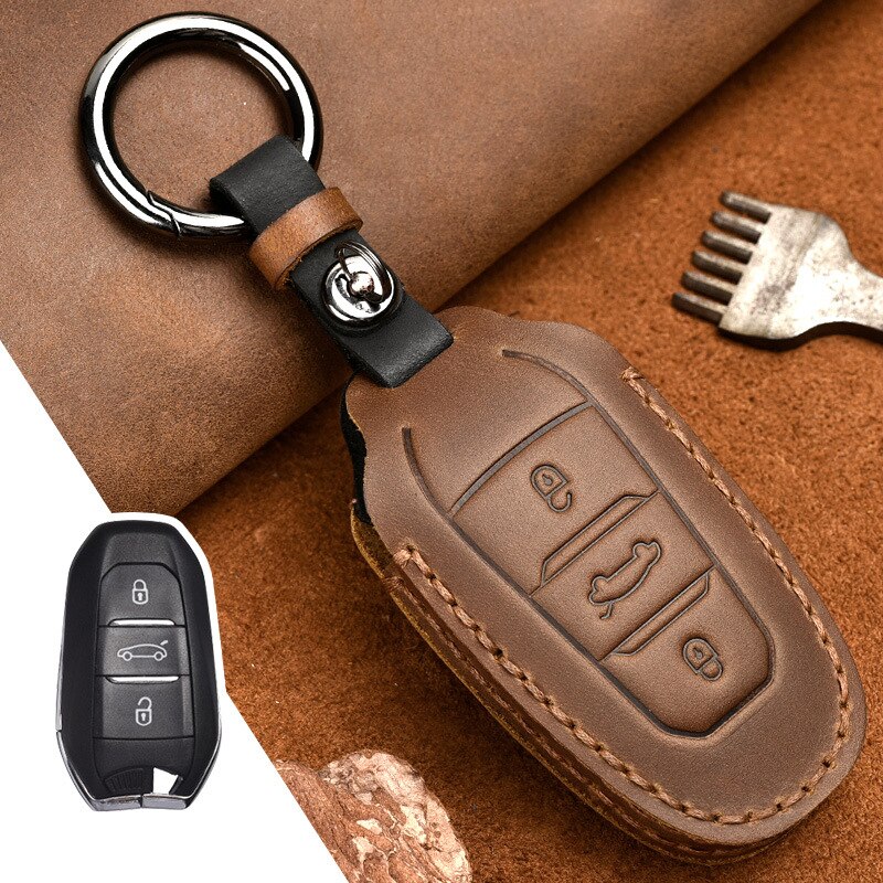 Leren Autosleutel Hoesje voor Peugeot 308 408 508 3008 4008 5008 Citroen C4 C4L C6 C3-XR: Bruin