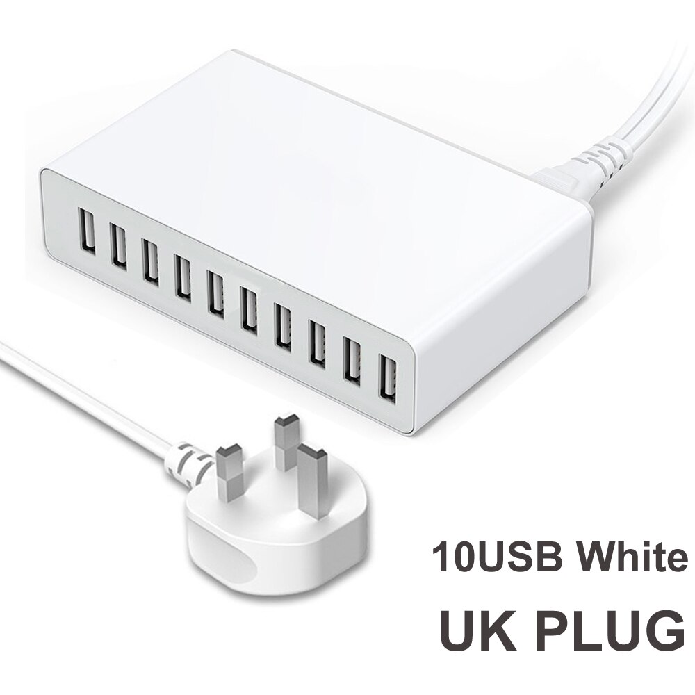 50W Multi USB Charger Station Fast Charger Charging 10 USB Charger Multi port phone charger for iPhone 11 12 pro xiaomi huawei: 10USB  UK White