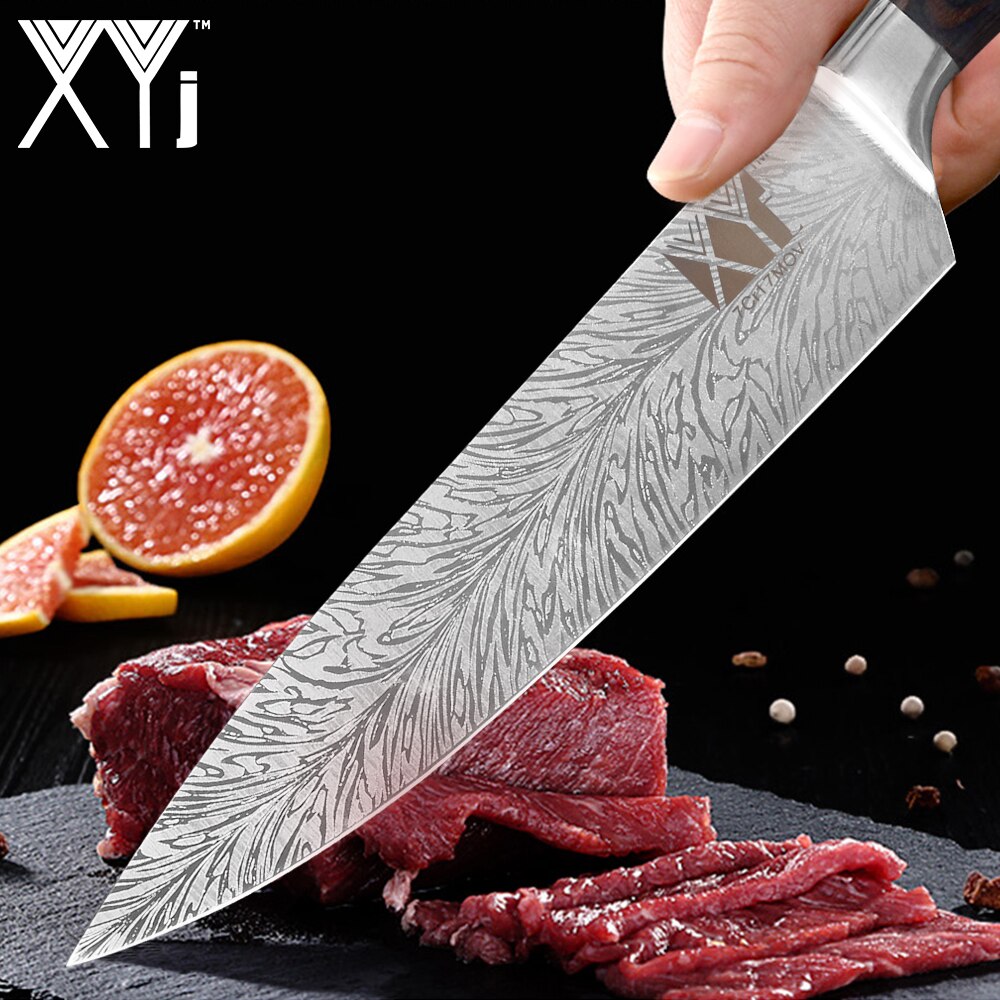 Xyj 6 '' 8 '' kjøkkenknivholder stativ rustfritt stål 7 cr 17 damaskus årer blad farge trehåndtak kniv kjøkkentilbehør