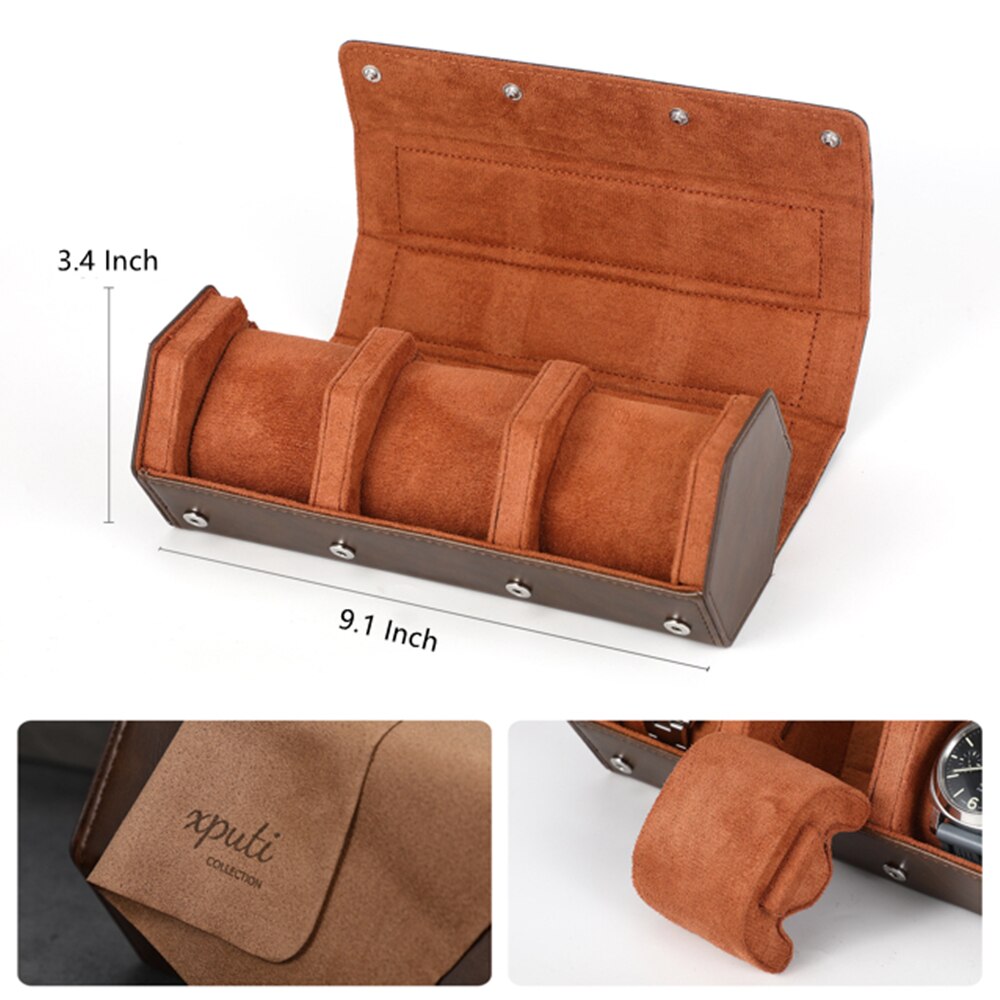 Caja de reloj para hombre, rollo de reloj con 3 ranuras, organizador de almacenamiento y exhibición, accesorio hecho a mano, caja redonda de joyería portátil,