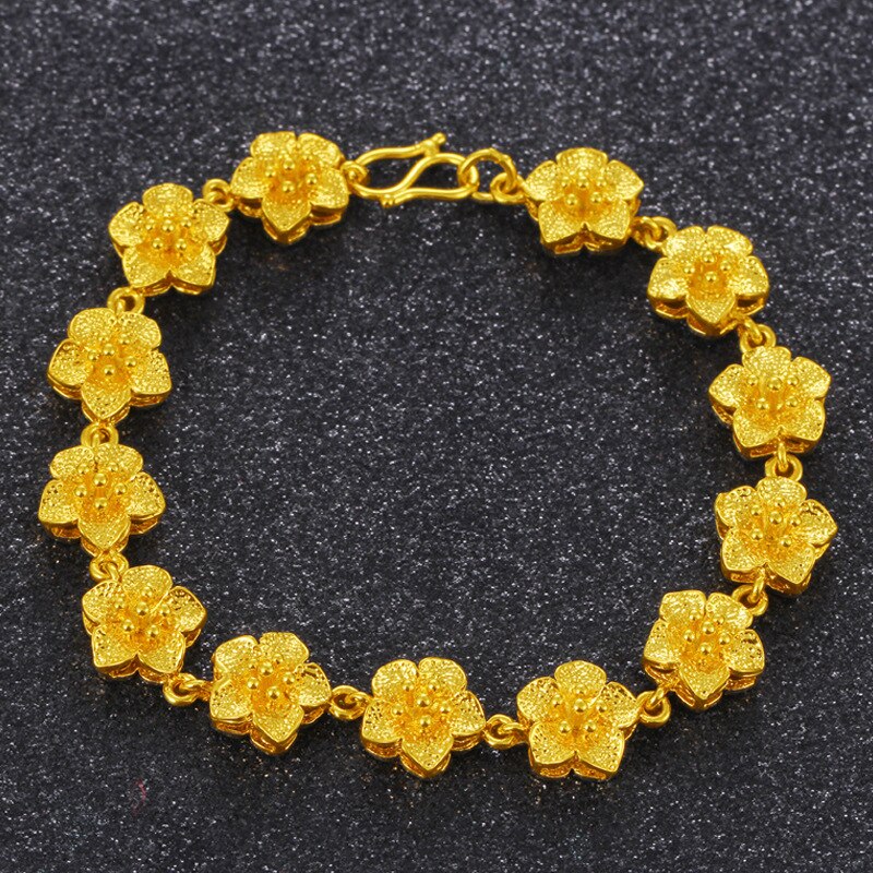 24k Vietnam Alluvial Gold Hand Chain for Women Brass Rose Flower Chain Charm Bracelets Bangle Jewelry