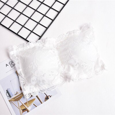 Arherigele Lace Full Cup Flower Bra Crop Top Strapless Underwear Push Up Bra Seamless Thickening Wrapped Chest Bras for Ladies: White