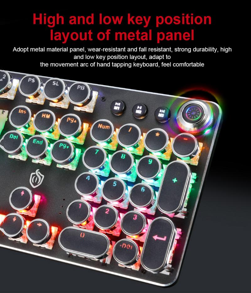 Mechanical Gaming Keyboard Retro Metal Glowing 104 Keys 36 Colorful Lighting Round Keycap Ergonomic Gaming Keyboard