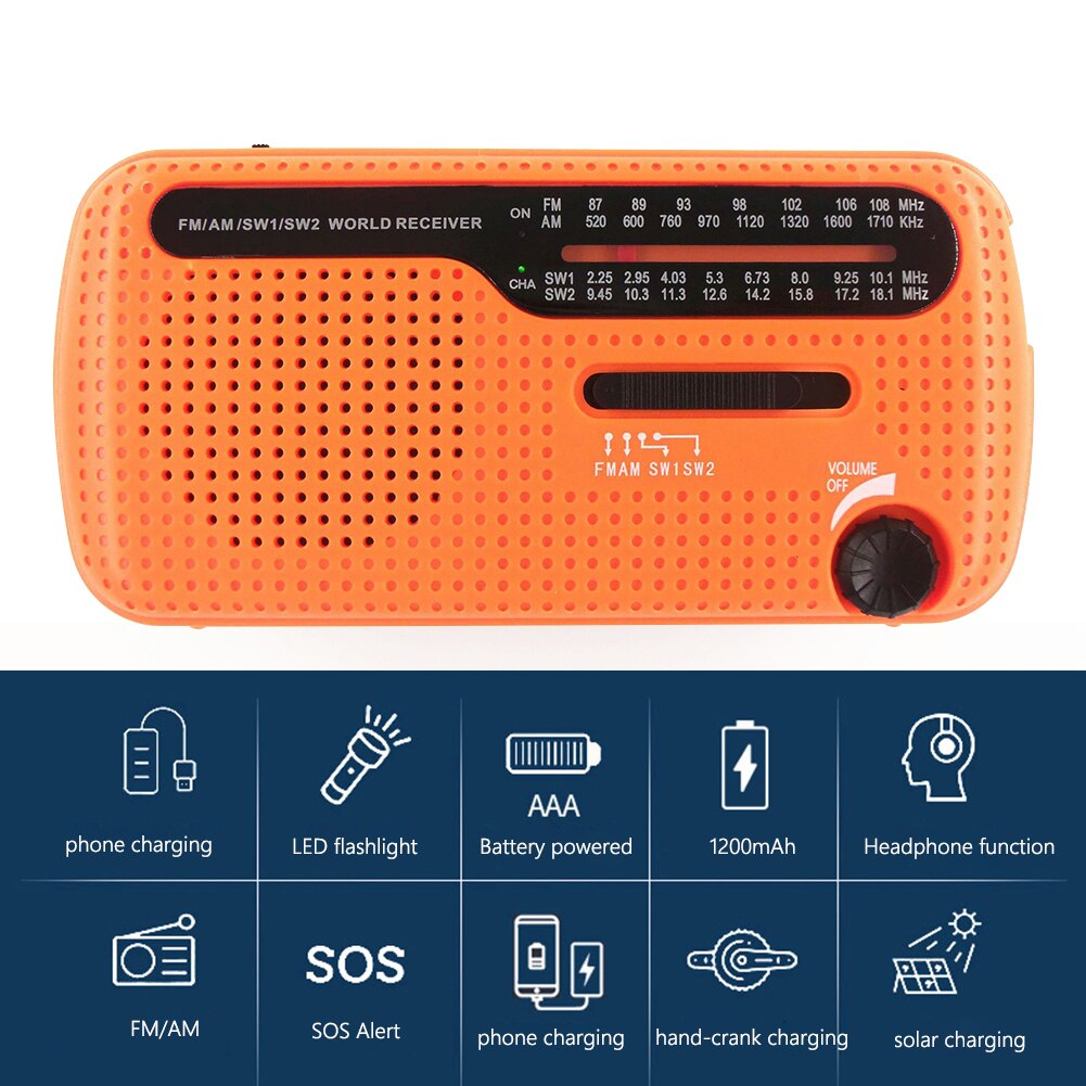 Radio portátil de mano alimentada por dinamo Solar, carga USB, FM, AM, WB, NOAA, multifuncional, meteorológica, con linterna LED, Banco de energía: B Orange