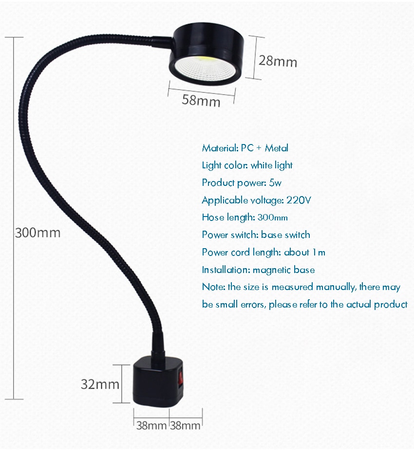 Led arbeidslys magnetisk sokkel fleksibel svanehalslampe 220v 5w for dreiebenk fresing borpress industribelysning, us plugg