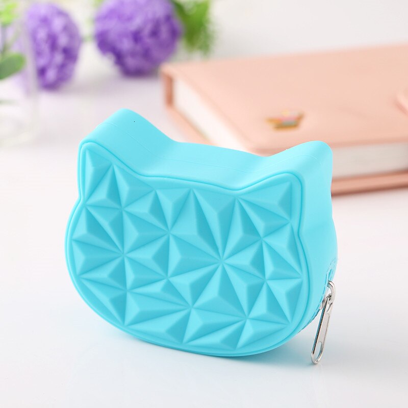 Cartera corta de silicona con forma de gato para mujer, monedero pequeño para chica, llavero para mujer, bolso de mano diario, bolso con auriculares Bluetooth, novedad: babyblue