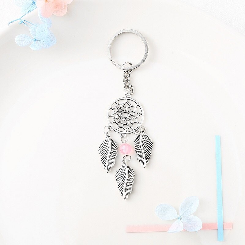 Mini atrapasueños coche colgante decoración hojas llavero atrapasueños Metal estilo indio campanas de viento Llavero artesanal niñas: Rosa