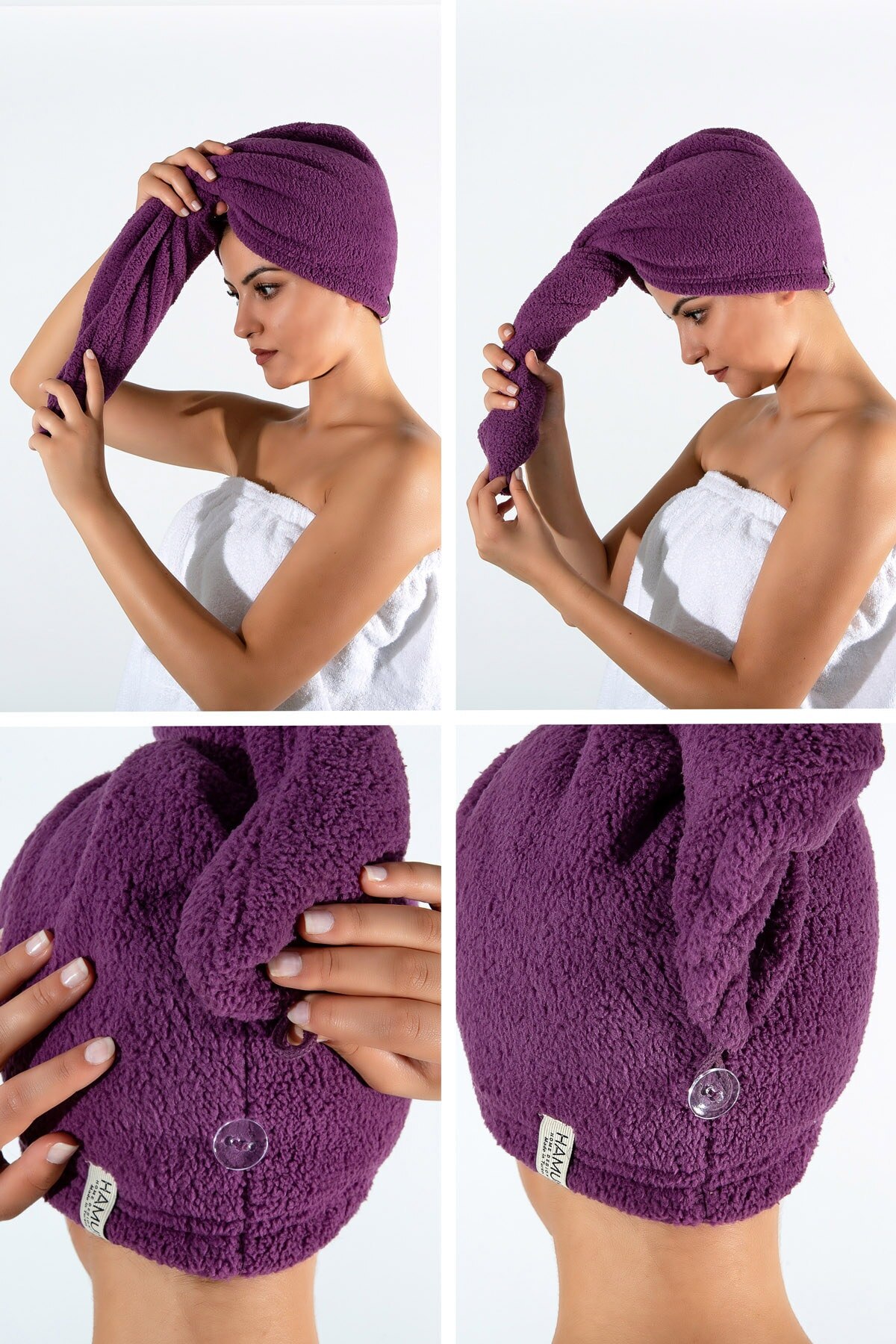 Aquist badhanddoek met knoopjes en haarhanddoek paars