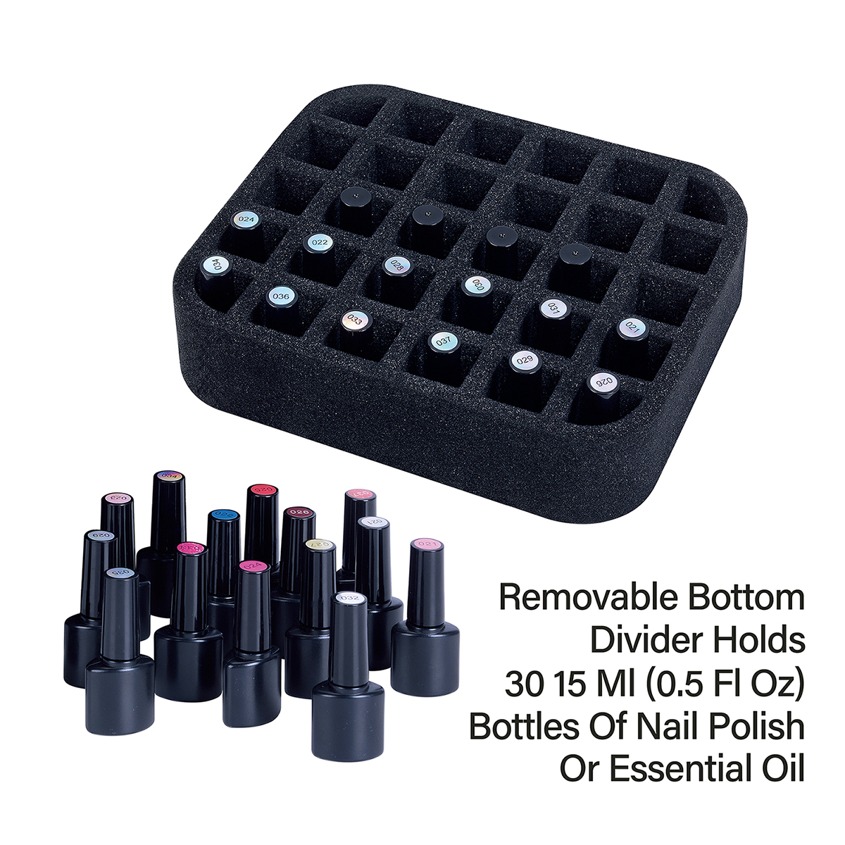 Met 30 sleuven schuim gevoerde verwijderbare bodemverdeler houdt 30 bodem 15 ml (0,5 oz) flessen nagellak of etherische olie opslagtool