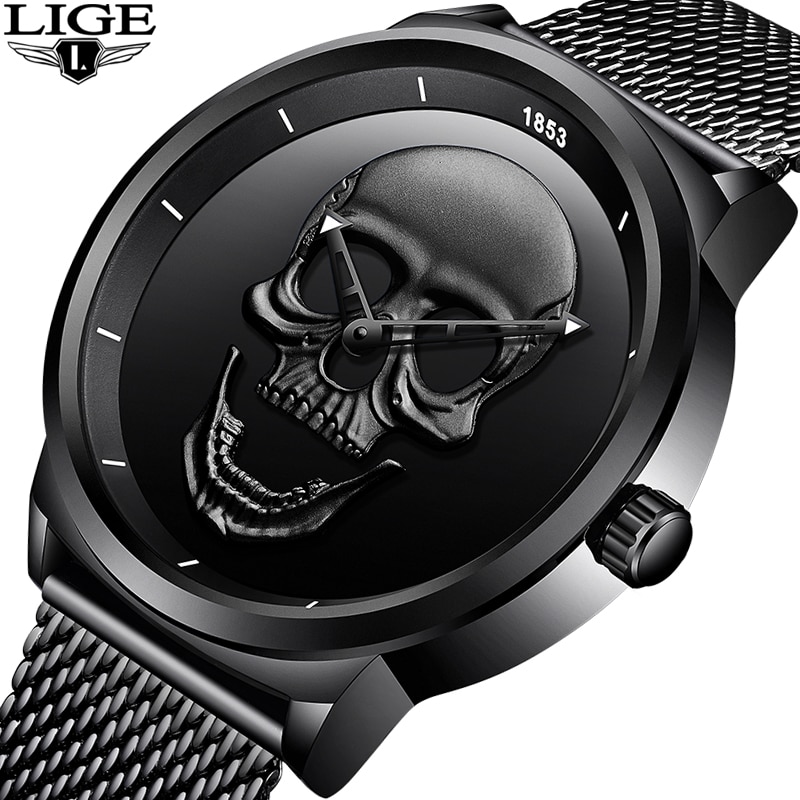 2018 lige mærke cool punk stil pirat skelet kranium quartz herreure mesh stål sport sort ur herre relogio masculino+box